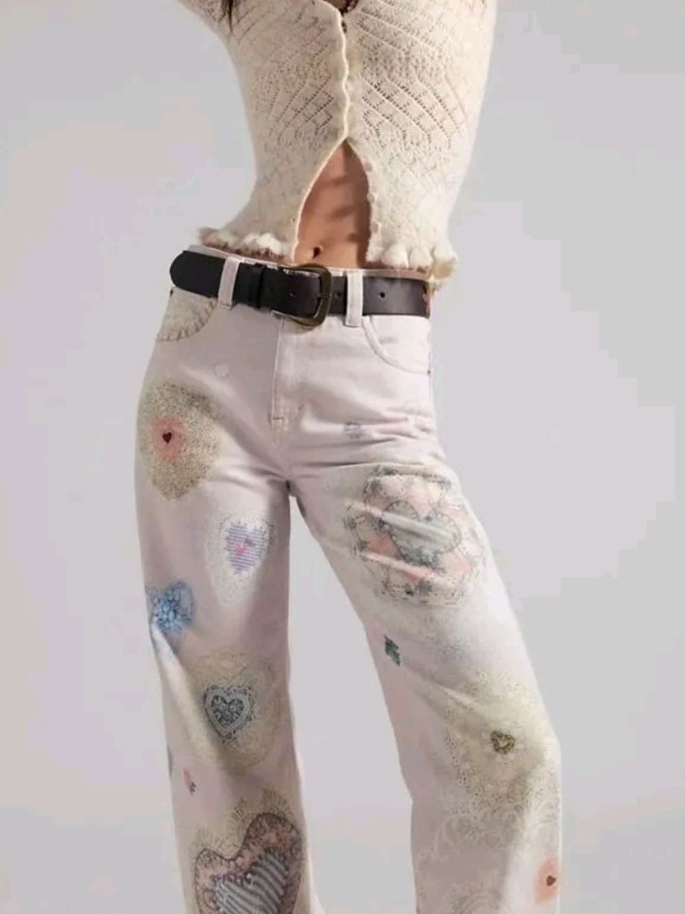 Free People Tinsley Printed Jeans Wide Leg Jeans in Cream Size 25 NWT - Picture 2 of 6